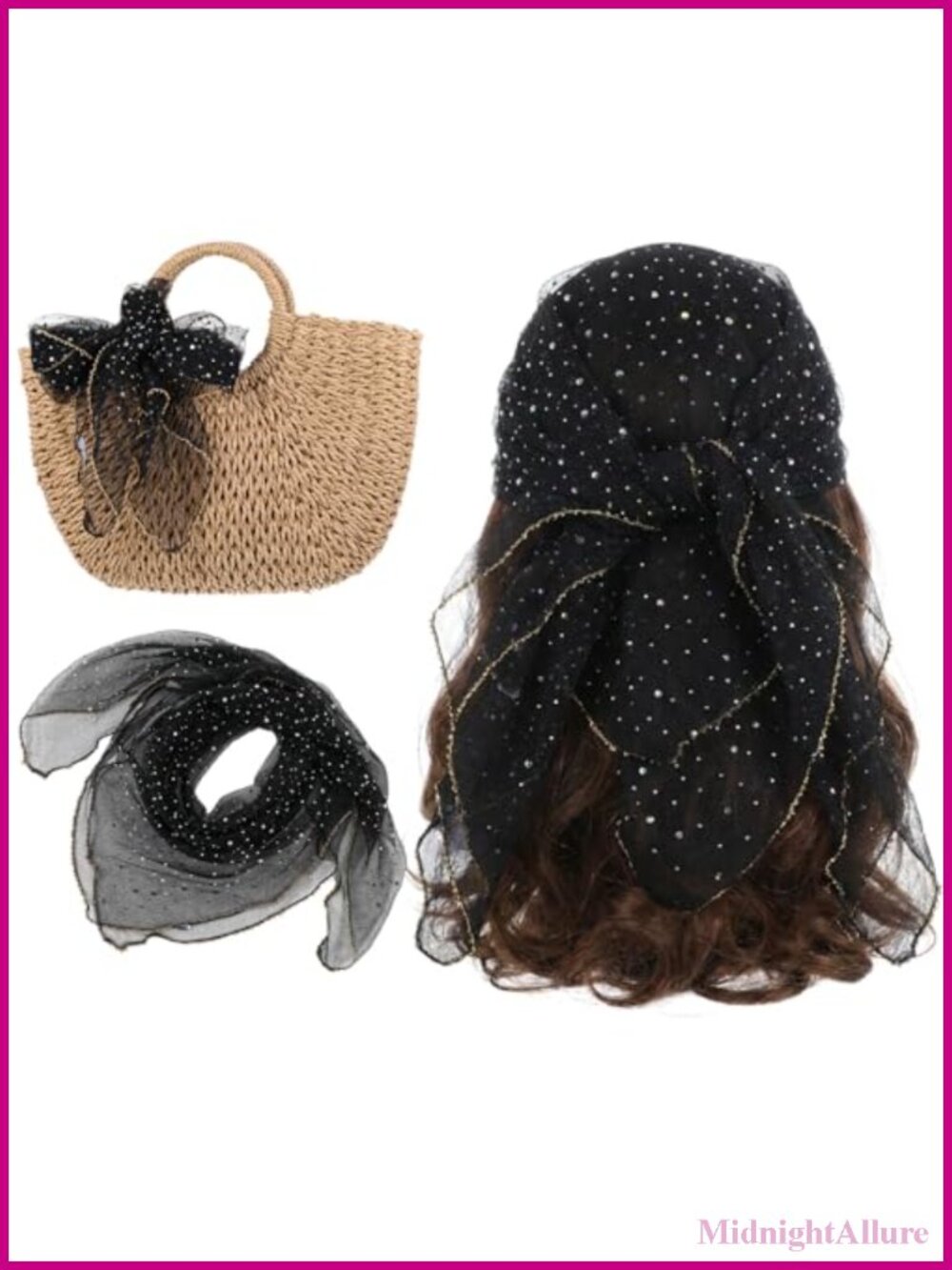 Sheer Polyester Rhinestone Sequin Head Scarf Hair Wrap Bandana Purse Decor